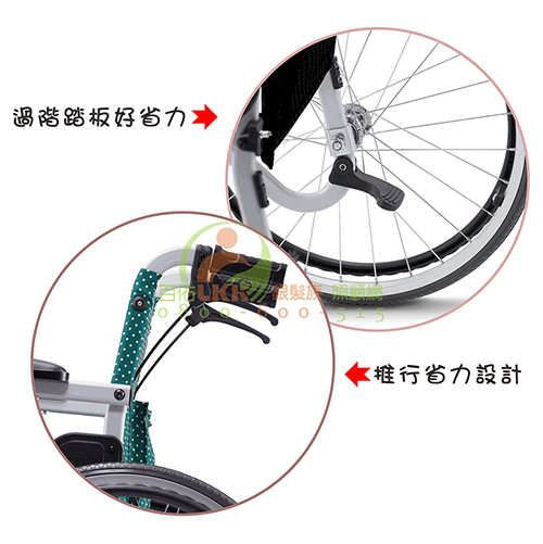 康揚 SM-100.5 (飛揚100) 亮銀白骨綠圓點布-雙座-  方座叉-全 鋁合金手動輪椅