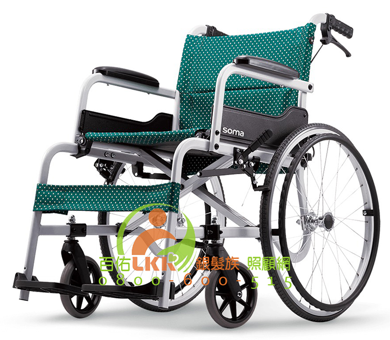 康揚 SM-100.5 (飛揚100) 亮銀白骨綠圓點布-雙座-  方座叉-全 鋁合金手動輪椅